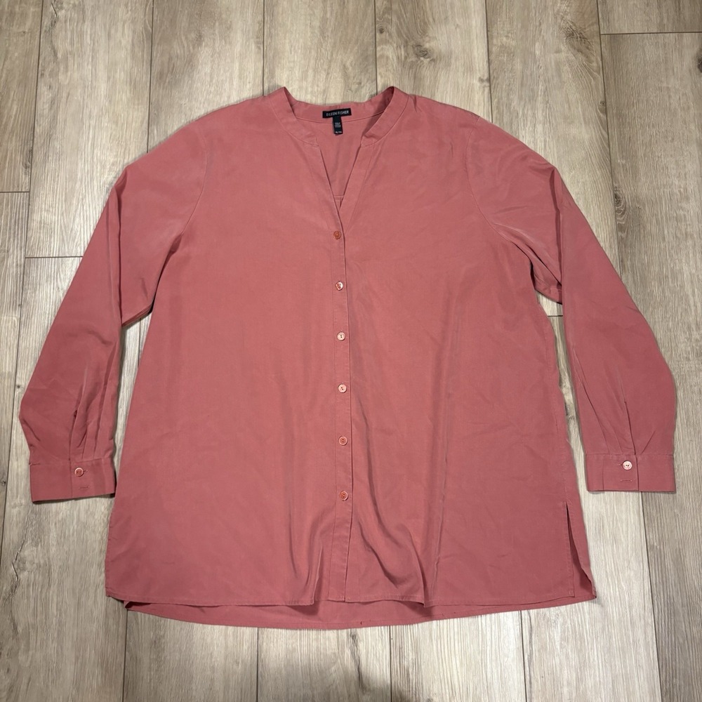 Eileen Fisher XL Blouse Button Up Top Pink Long SLeeve V-Neck Tencel Blend